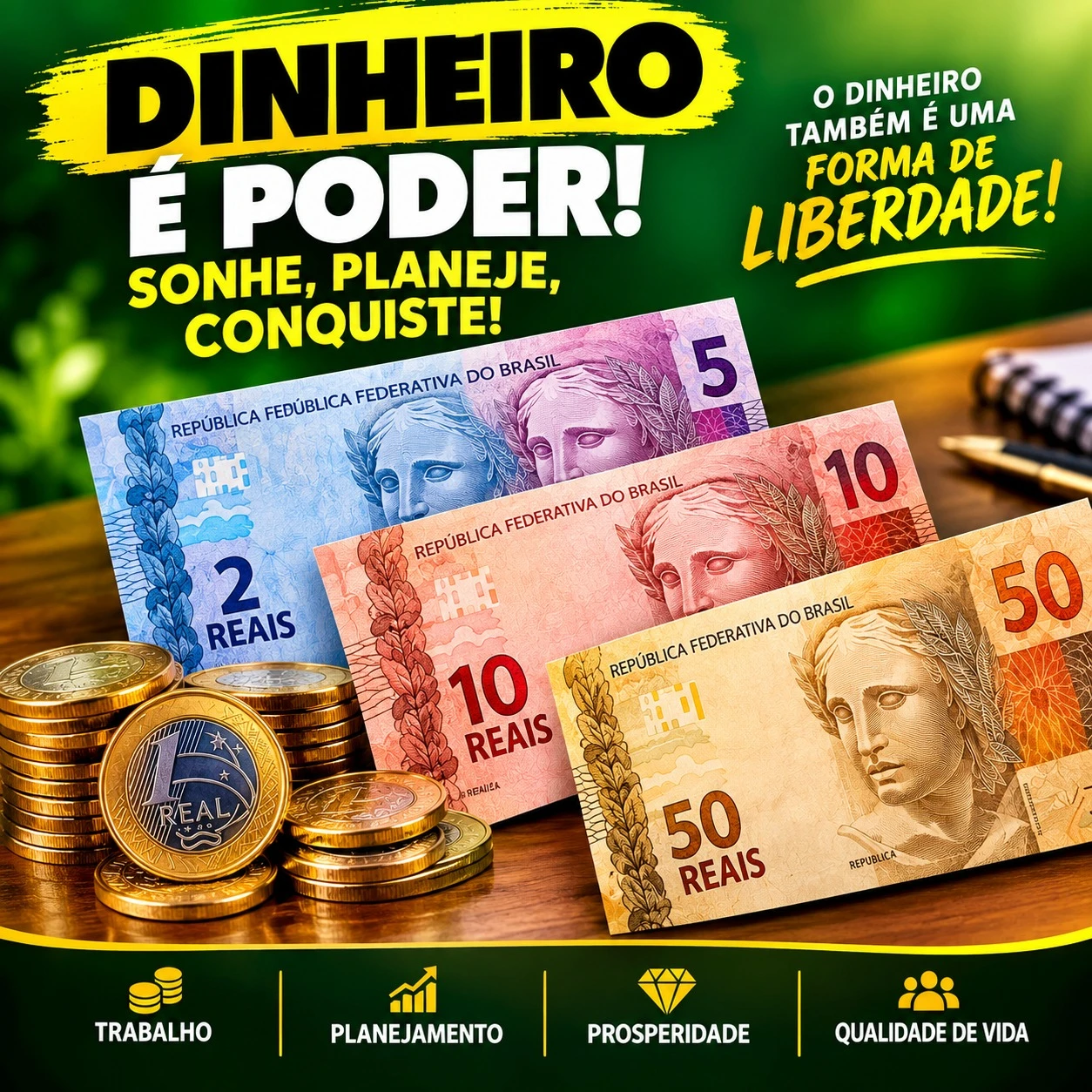 Dinheiro é poder. Sonhe, planeje, conquiste — material da Gentelogia do Brasil